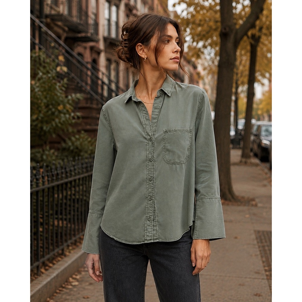 Bella Dahl Sage Green Tencel Lyocell Button Down Shirt High Low Hem - Size Small